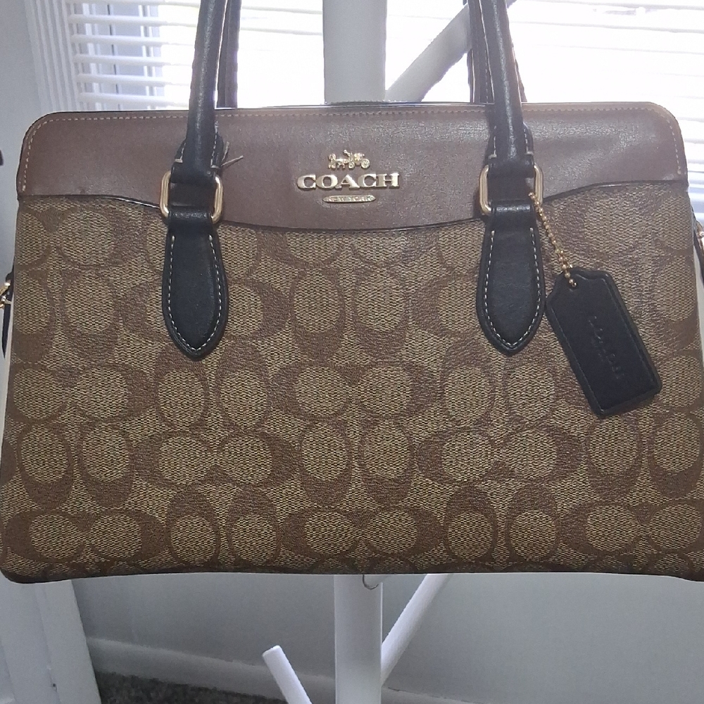 Coach Brown Signature Canvas Satchel with Dark Brown Trim